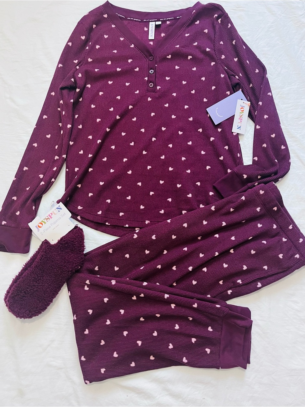 Girls' Burgundy Heart-Print Waffle Henley Pajama Set with Slippers